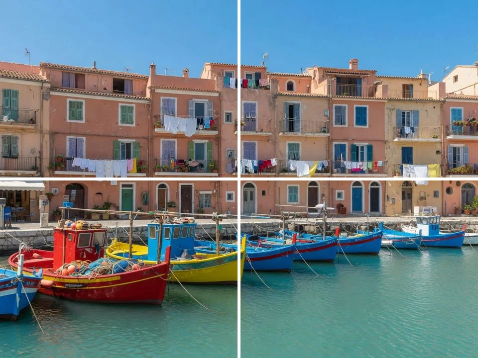 The same harbor photo with a 2 by 2 grid