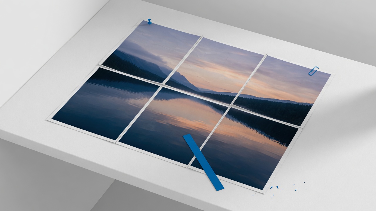 Printed poster tiles assembled from a split image for printing workflow